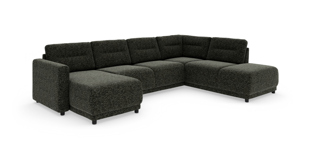 Mørkegrå L‑formet modulsofa i tekstil, stor hjørnesofa med chaiselong i begge ender, fritstående på hvid baggrund.
