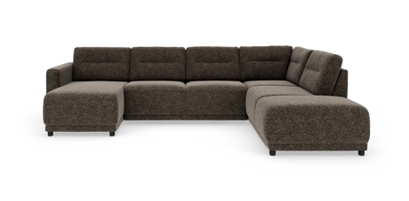 Brun U‑formet modulsofa i stof med chaiselong til venstre, fotograferet i studie på hvid baggrund.