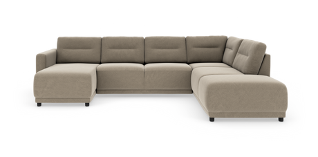 Modulær U-sofa i beige stof med chaiselong til venstre og afslutningsmodul til højre, fritlagt på hvid baggrund med lave sorte ben og bløde rygpuder.