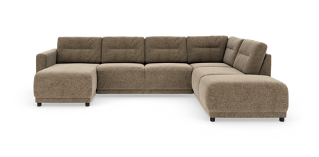 Modulsofa i L‑form i beige stof med venstrevendt chaiselong og afrundede hjørner på hvid baggrund.