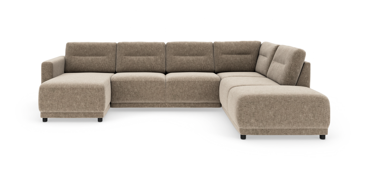 Beige modulær U‑formet hjørnesofa med chaiselong til venstre, polstret i stof og vist på hvid baggrund.