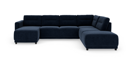 Mørkeblå modulhjørnesofa i U‑form med chaiselong til venstre og afrundet afslutning til højre, fritstående på hvid baggrund.