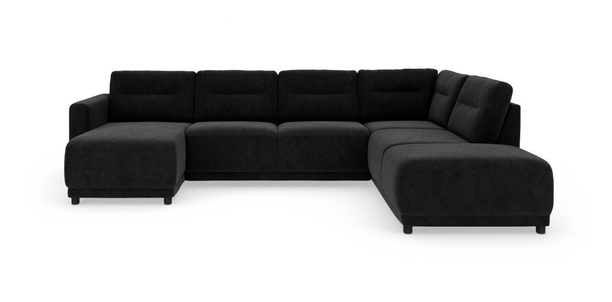 Stor U‑formet sort cordfløjlsofa med chaiselong i begge ender, frontvisning på hvid studiobaggrund.