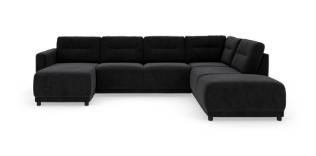Stor U‑formet sort cordfløjlsofa med chaiselong i begge ender, frontvisning på hvid studiobaggrund.