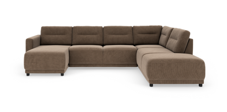 Brun U‑sofa med chaiselong til venstre og bred åben afslutning til højre, betrukket med cord‑lignende stof og lave sorte ben.