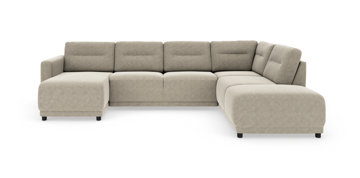 Beige modul-hjørnesofa med chaiselong, frilagt mod hvid baggrund i frontvinklet visning.