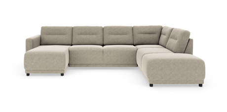 Beige modul-hjørnesofa med chaiselong, frilagt mod hvid baggrund i frontvinklet visning.