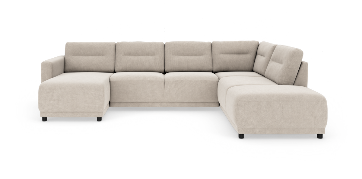 Beige modulsofa i U‑form med chaiselong til venstre, fritstående på hvid baggrund.