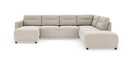 Beige modulsofa i U‑form med chaiselong til venstre, fritstående på hvid baggrund.