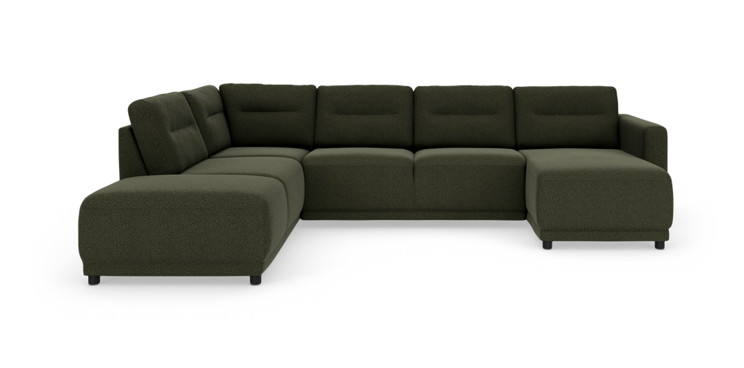 Mørkegrøn modulsofa i hjørneopstilling med chaiselong, frilagt på hvid baggrund.