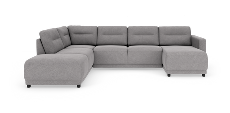Lysegrå modulhjørnesofa i U‑form med chaiselong til højre, frilagt på hvid baggrund.