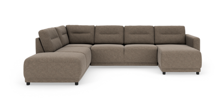 Brun‑beige L‑formet modulsofa i stof med chaiselong til højre, fritstående på hvid baggrund.