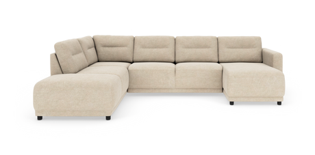 Beige L-formet modulsofa med chaiselong til højre, frilagt på hvid baggrund.