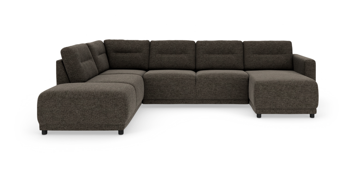 Mørkebrun U‑formet modulsofa med chaiselong i både venstre og højre side, fritlagt på hvid baggrund.