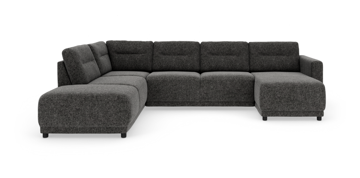 Mørkegrå U‑formet modulsofa med chaiselong til højre, fritstående på hvid baggrund.