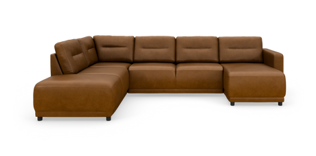 Brun læderhjørnesofa med chaiselong til venstre og armlæn på højre afslut, fritlagt på hvid baggrund.