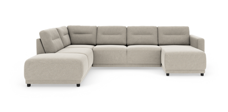Beige modulsofa i U‑form med chaiselong til højre, bløde afrundede former og lave sorte ben.
