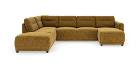 Modulopbygget hjørnesofa i sennepsgul tekstil med chaiselong, fritstående mod hvid baggrund.