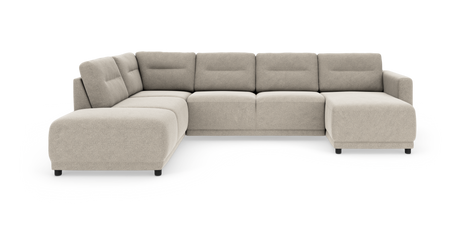 Beige modulsofa i U‑form med højre chaiselong, bløde ryg- og siddeflader samt lave sorte ben på hvid baggrund.