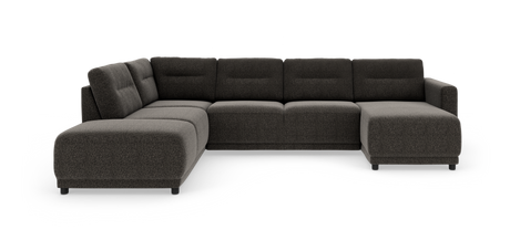 Mørkegrå modulhjørnesofa med chaiselonger i begge sider, frilagt på hvid baggrund.