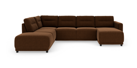 Brun L‑sofa i stof med chaiselong til højre, frilagt på hvid baggrund.