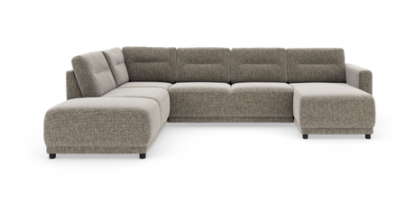 Modulær L-sofa i beigegråt stof med chaiselong til højre, fritstående mod hvid baggrund.