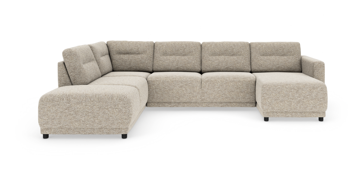 Beige U-formet modulsofa med bred venstredivan og højre chaiselong på hvid baggrund.