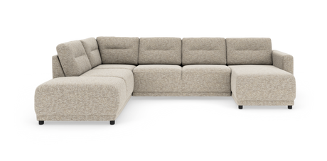 Beige U-formet modulsofa med bred venstredivan og højre chaiselong på hvid baggrund.