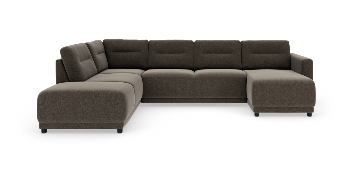Modulsofa i mørkebrun tekstil i L‑form med chaiselong til højre, fritstående på hvid baggrund.