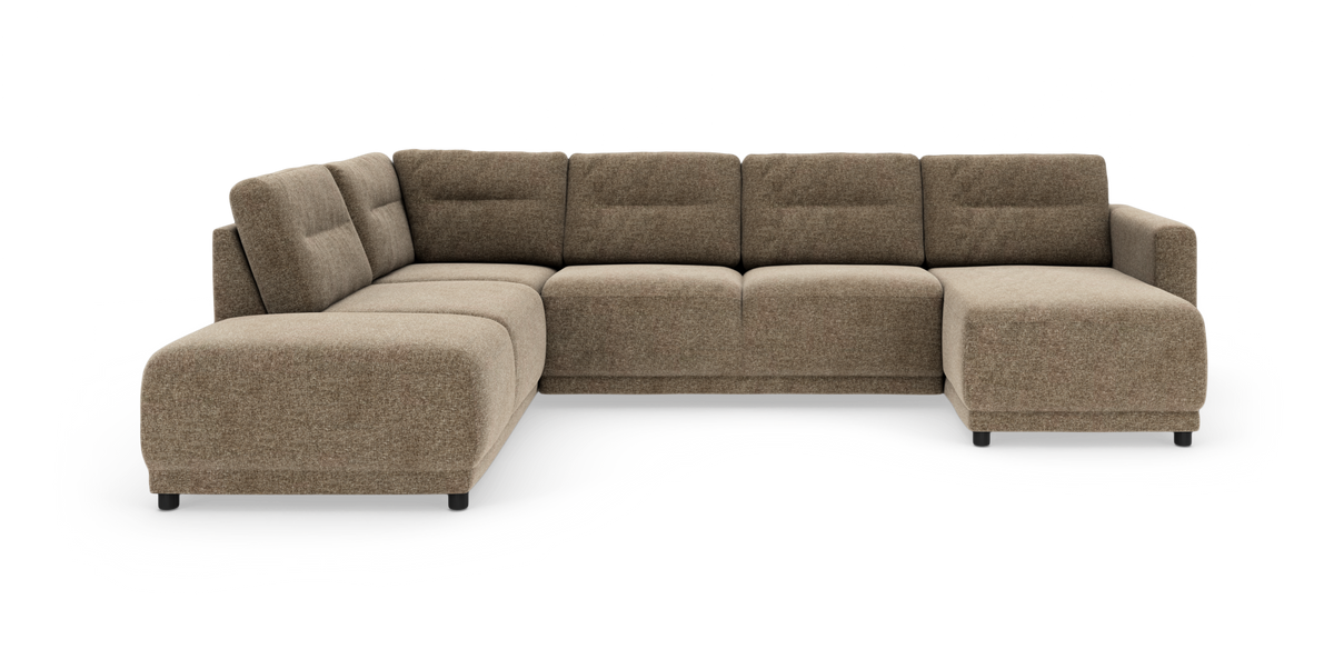 Modulsofa i brun-beige stof med chaiselong til højre.