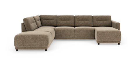 Modulsofa i brun-beige stof med chaiselong til højre.