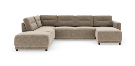 Beige U-formet modulsofa med bred venstredivan og højre chaiselong på hvid baggrund.