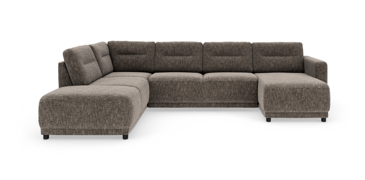 Modulær L‑formet hjørnesofa i brungråt stof med chaiselong til højre, frilagt på hvid baggrund.