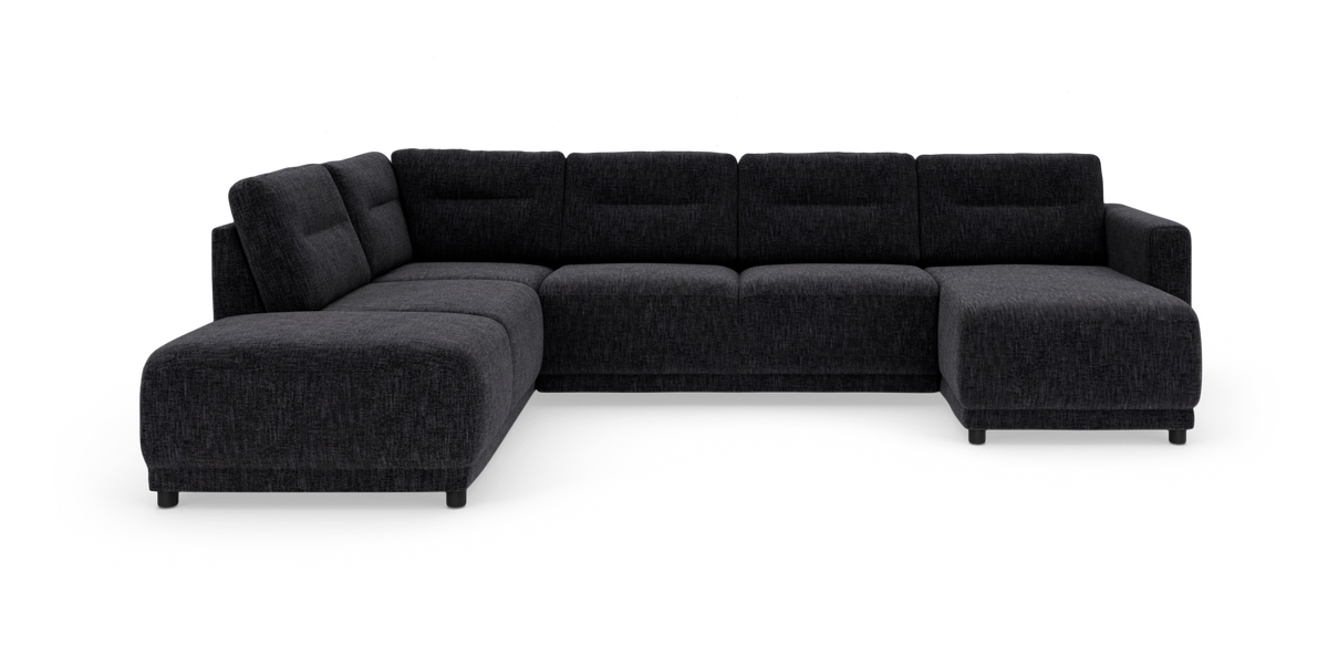 Mørkegrå modul-hjørnesofa i U‑form med venstre chaiselong og højre divan, fritstående på hvid baggrund.