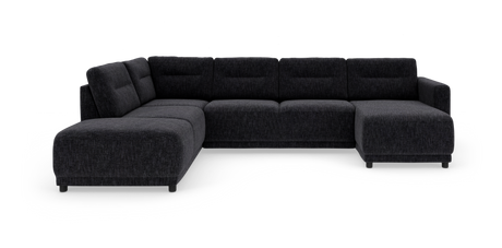 Mørkegrå modul-hjørnesofa i U‑form med venstre chaiselong og højre divan, fritstående på hvid baggrund.