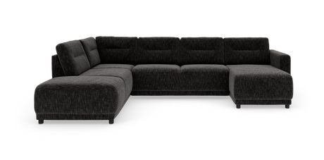 Mørkegrå modul-hjørnesofa med chaiselong til højre og bred åben afslutning til venstre, fritstående på hvid baggrund.