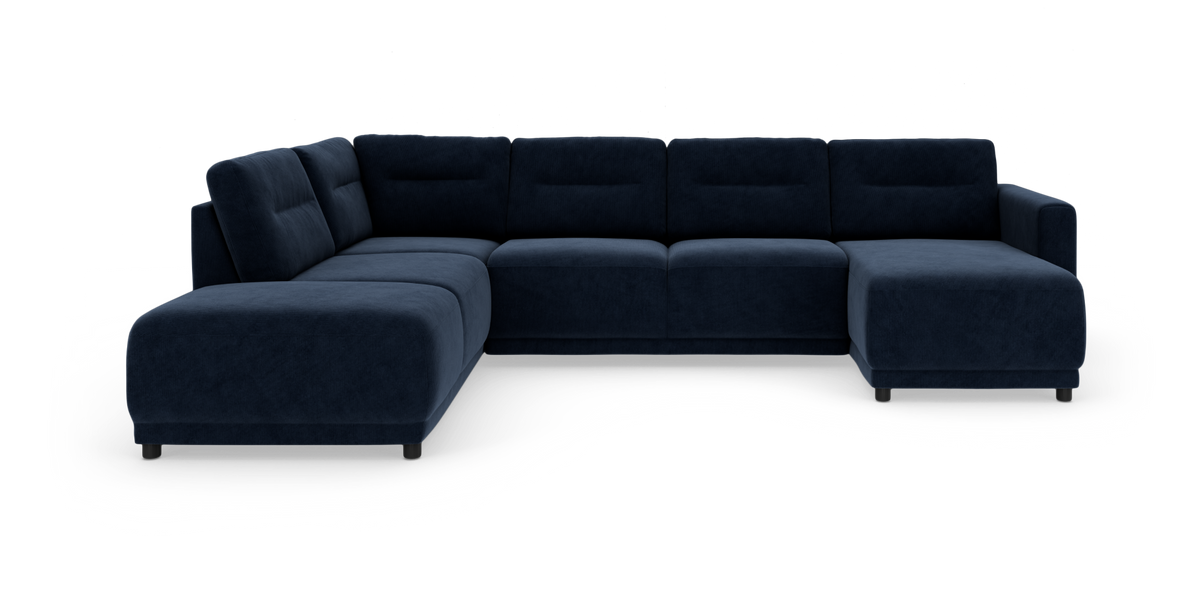 Mørkeblå L‑formet modulsofa med højrevent chaiselong, frilagt på hvid baggrund.
