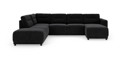 Stor L-formet hjørnesofa i sort stof med chaiselong til højre på hvid baggrund.
