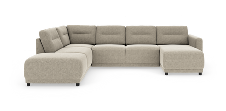 Beige modulsofa i L‑form med brede, afrundede sæder og lav ryg, fritstående på hvid baggrund.