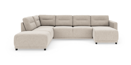 Beige L‑formet modulsofa i fløjl med højre chaiselong, frilagt på hvid baggrund.
