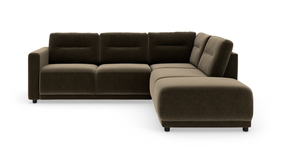 Modulsofa i mørkebrun stof, L-form med chaiselong til højre.