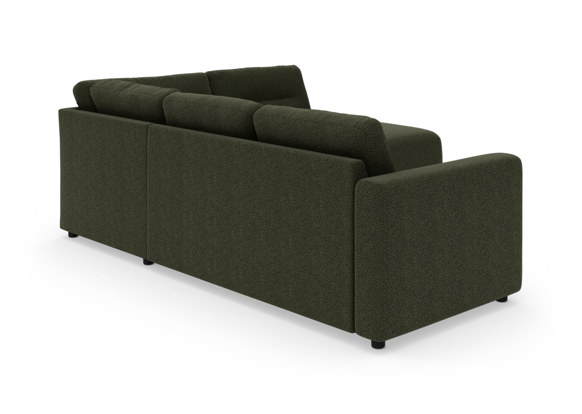 Modulsofa i mørkegrønt stof, vist bagfra i skrå vinkel på hvid baggrund.
