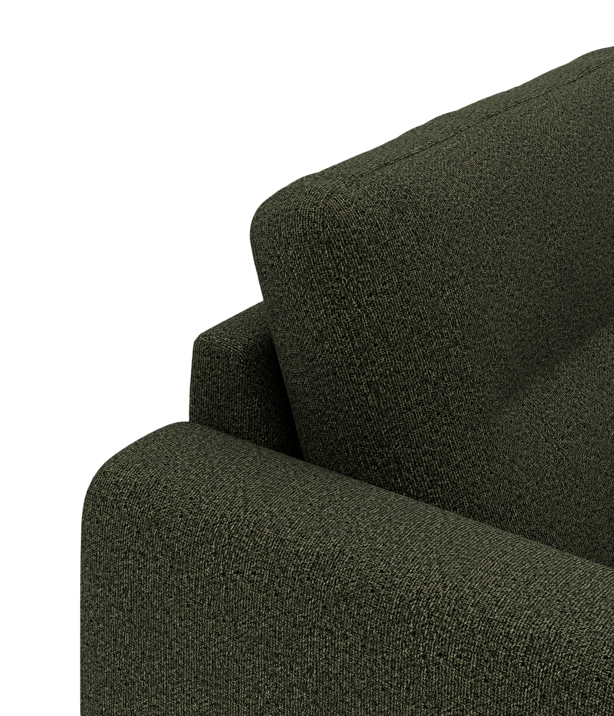 Detalje af mørkegrøn stofsofa med afrundet armlæn og ryglæn.