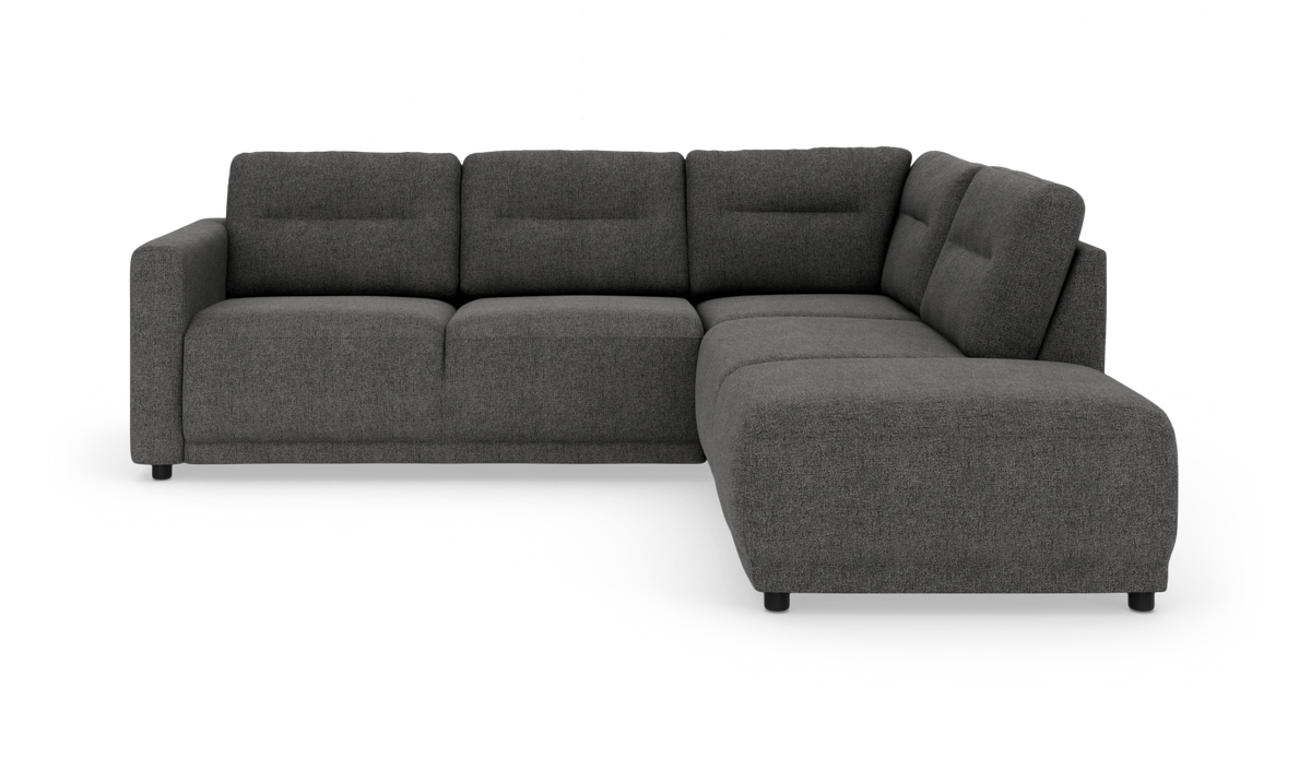 Mørkegrå L‑sofa med chaiselong til højre, moderne og polstret, fritstående på hvid baggrund.