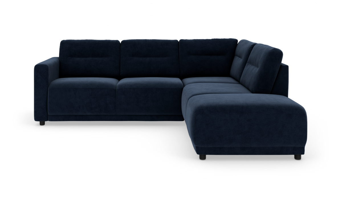 Mørkeblå modulær hjørnesofa med chaiselong til højre, blød polstring og lave metalben.