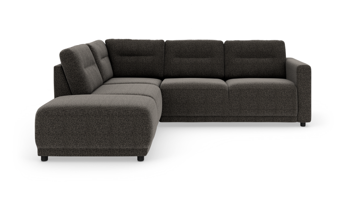 Mørkegrå L‑formet modulsofa med venstrevendt chaiselong på hvid baggrund.
