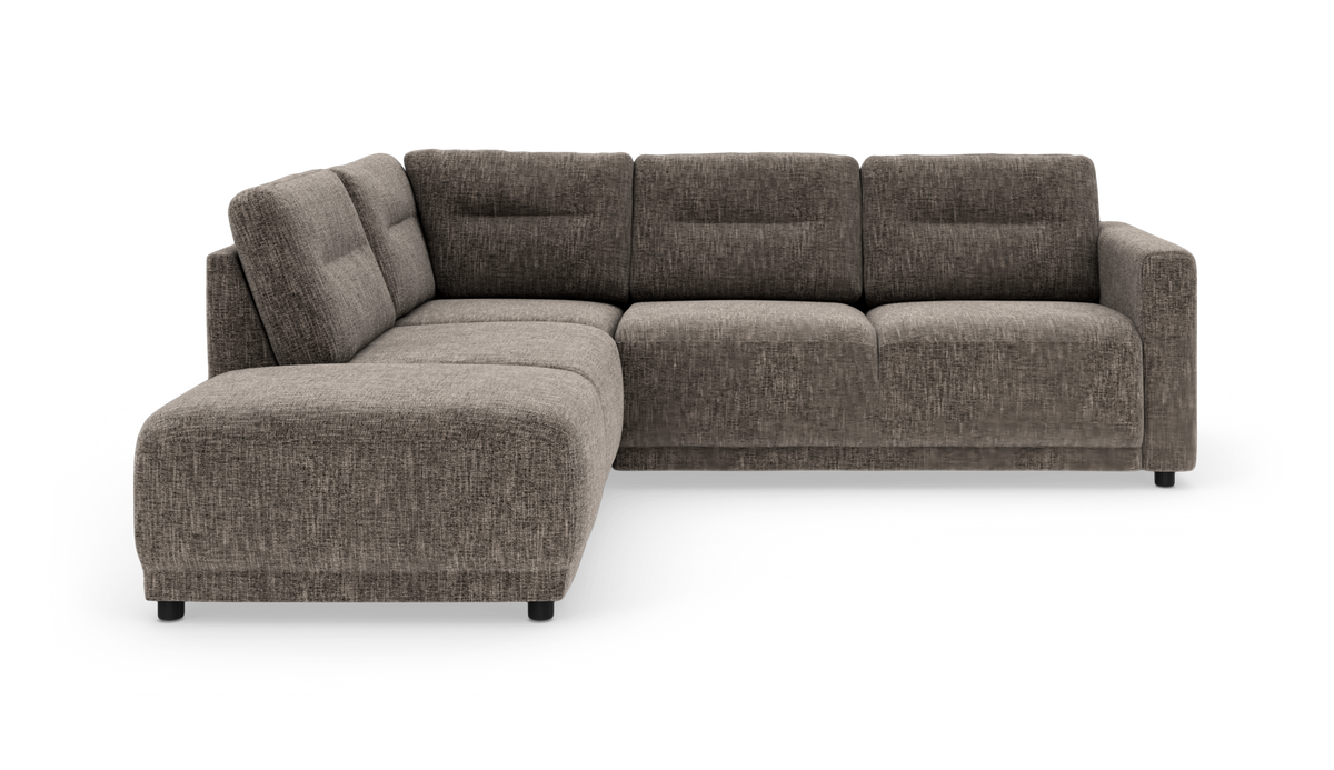 Brungrå L‑sofa i stof med venstre chaiselong, moderne lige armlæn og lave sorte ben.