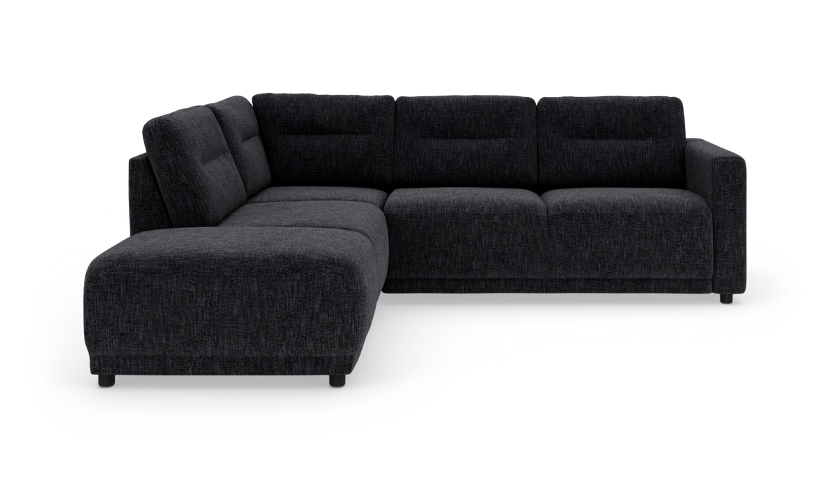 Mørkegrå L‑sofa med venstrevendt chaiselong, frilagt på hvid baggrund.