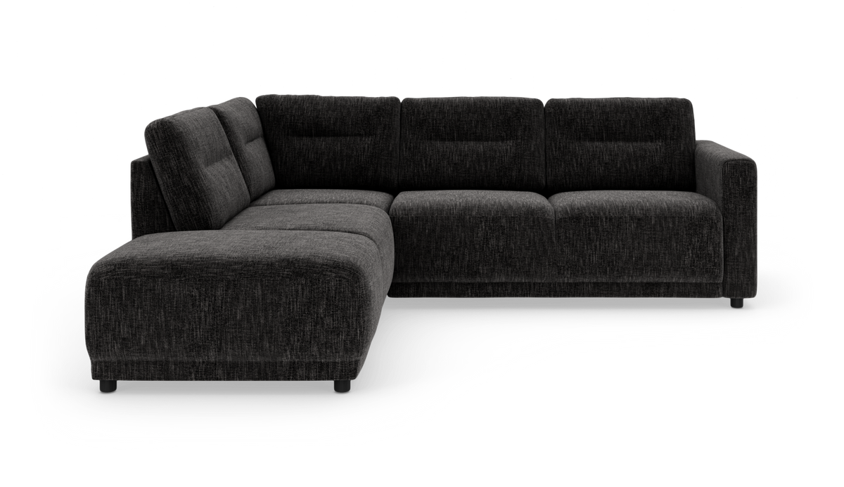Mørkegrå L‑sofa med venstre chaiselong, moderne polstret design på hvid baggrund.