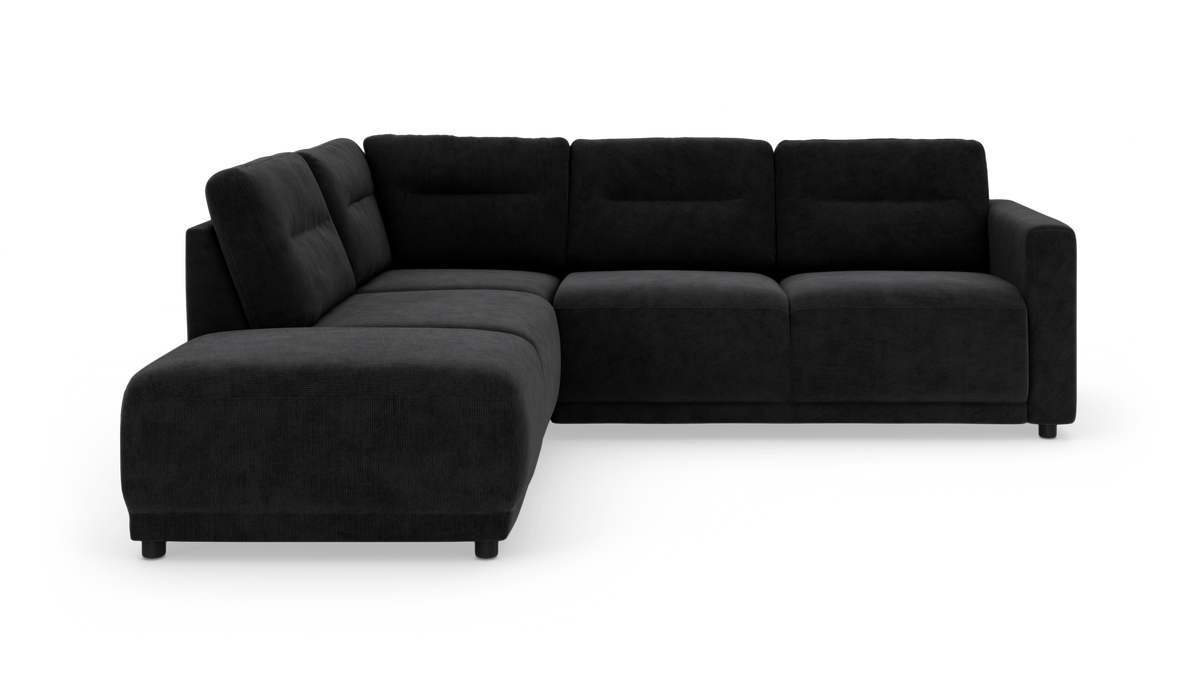 Sort L‑formet hjørnesofa med venstre chaiselong, frilagt på hvid baggrund.